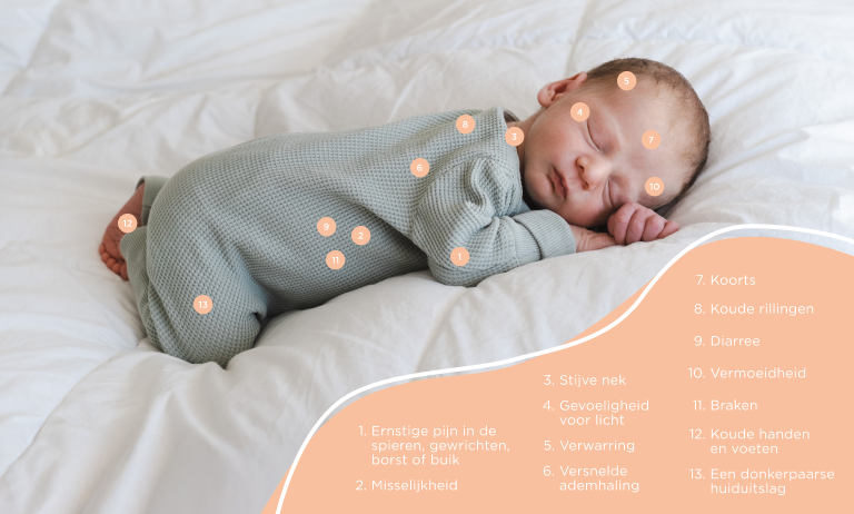 Slapende zuigeling met symptomen van meningitis door meningokokken aangeduid op het lichaam